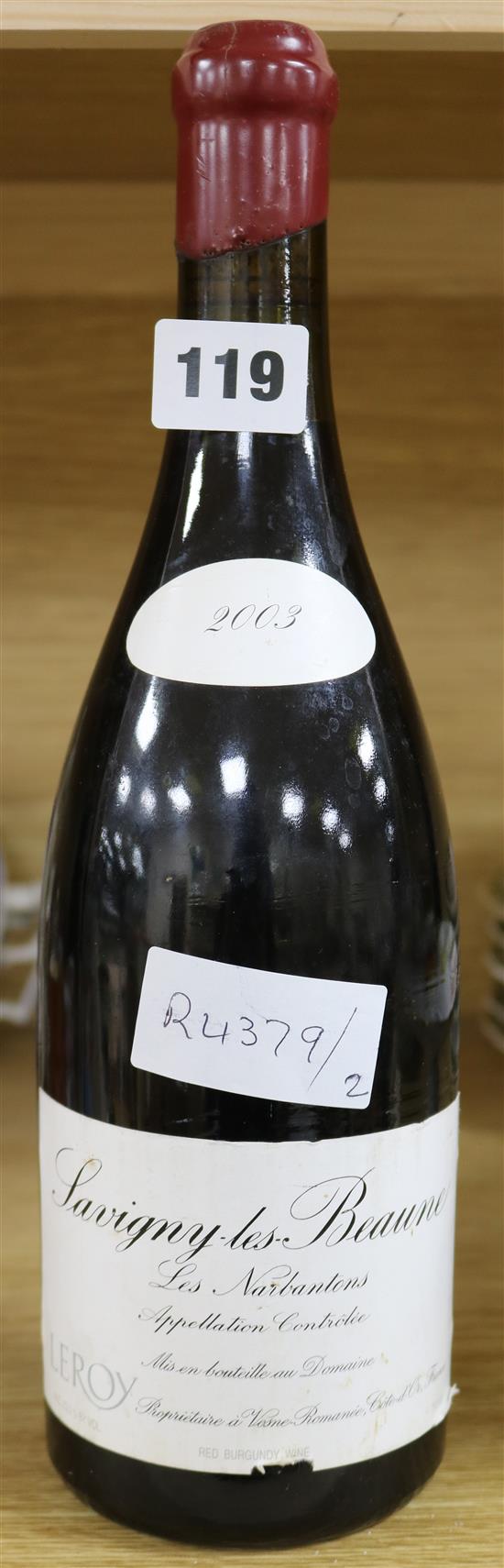 A bottle of 2003 Domaine Leroy Les Narbantons Savigny-Les Beaune.